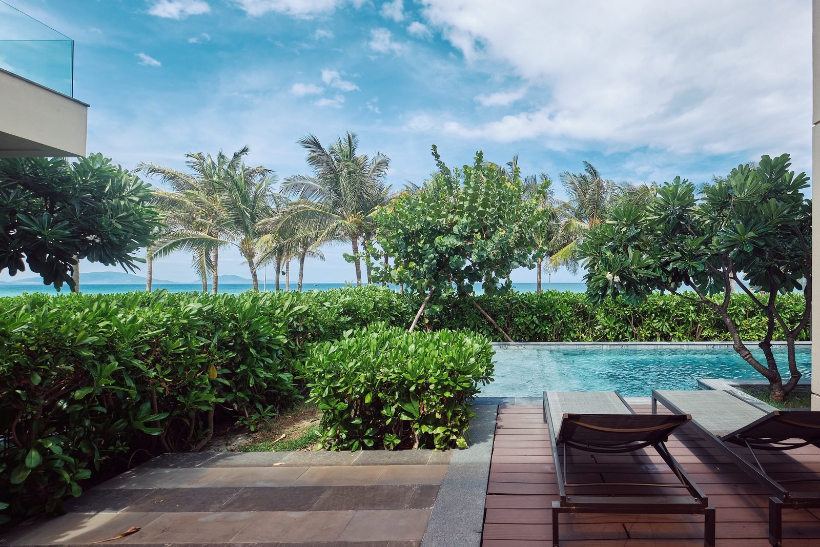 Ocean-facing private pool of the Beachfront Villa, framed by palms