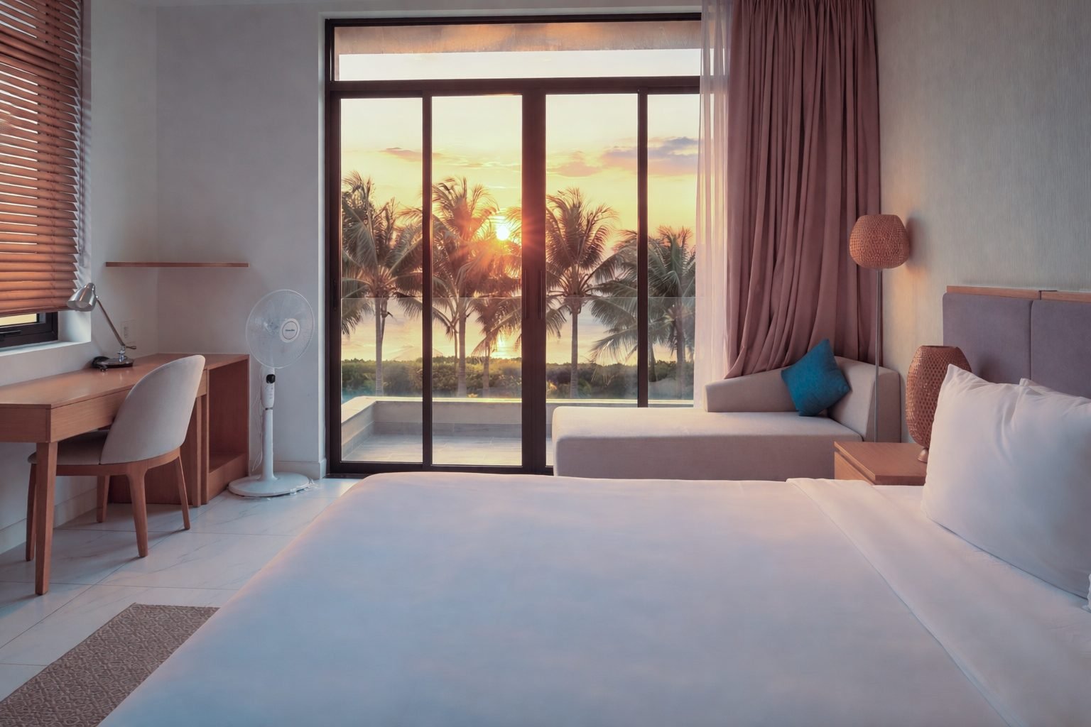 Bedroom looking out to palms at sunrise